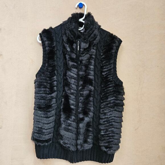 Roz & Ali Vest Black Faux Fur and Ribbed Knit Full Zip Sleeveless Jacket Large - Picture 5 of 16